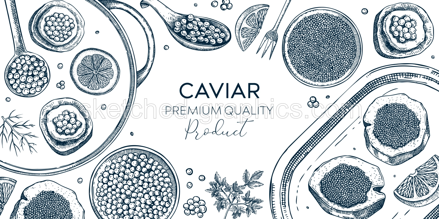 Seafood platter frame in vintage style. Red caviar canape, black caviar tin can, lemons hand drawn sketches. Sea delicacy background for restaurant menu or finger food party banner design Illustration